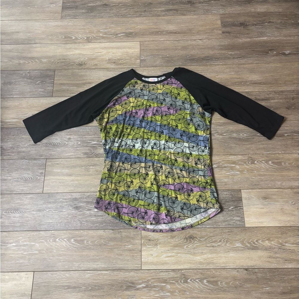 LuLaRoe Randy Top Women’s Sz L Raglan Sleeve Stretch Bikes Print T-Shirt Comfy